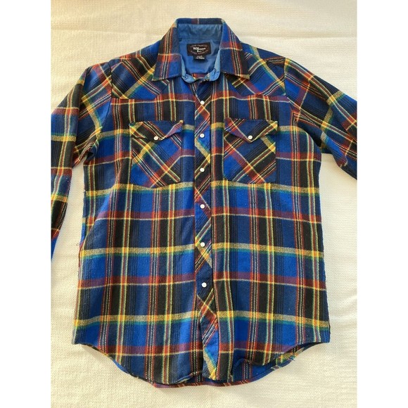 Vintage William's Bay Men's Flannel Shirt Blue Yellow, Red, Pearl Snap Large - Picture 11 of 15